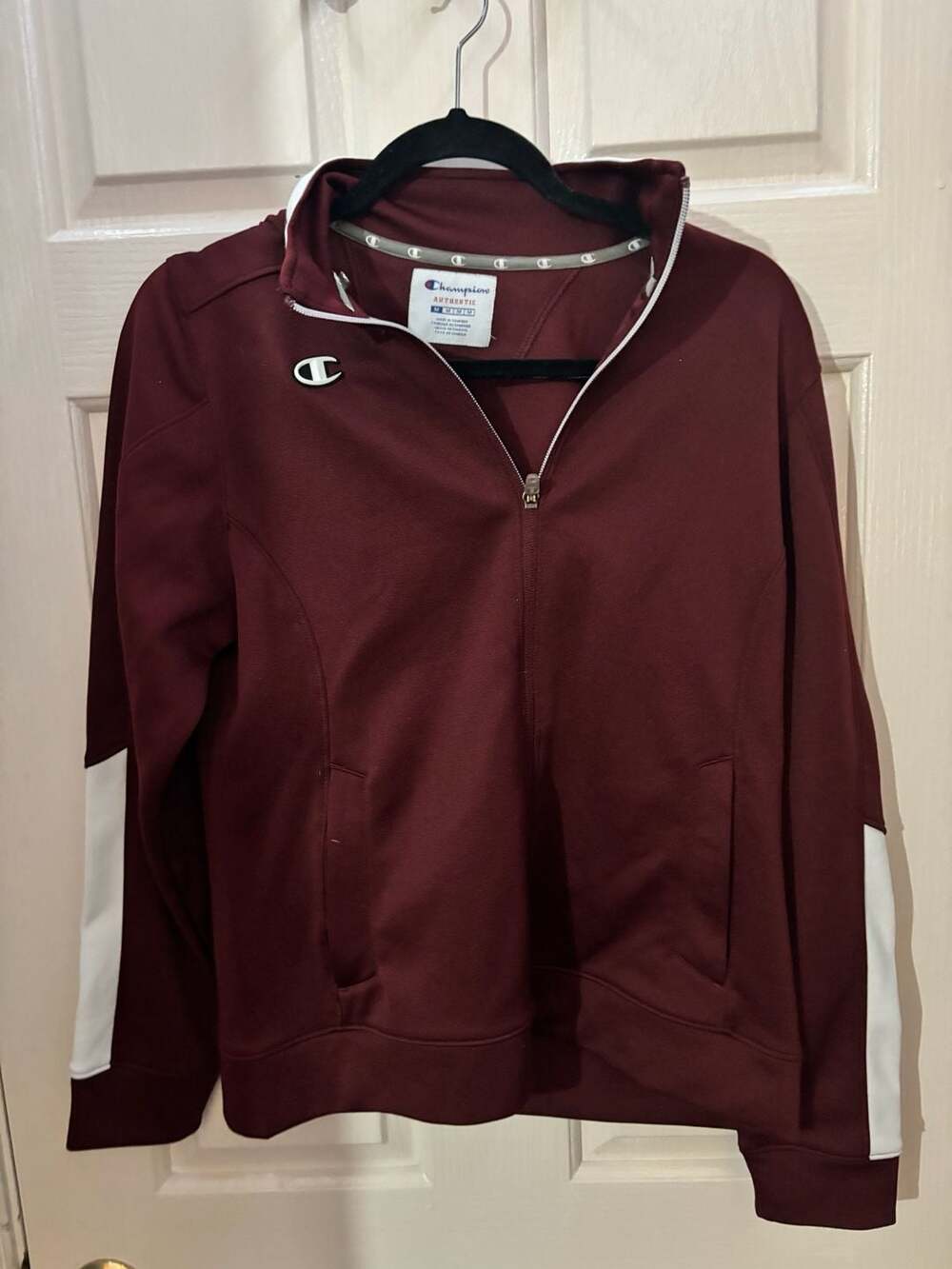 Champion Authentic Maroon Full Zip Track Jacket with White Side Stripes Size M